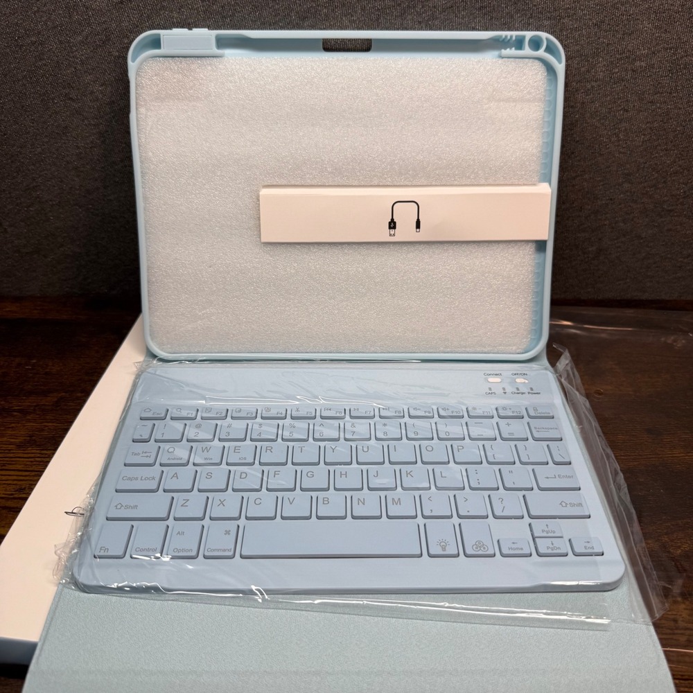 Wireless Bluetooth Keyboard Case for iPad Tablet Light Blue Backlit Folio Stand